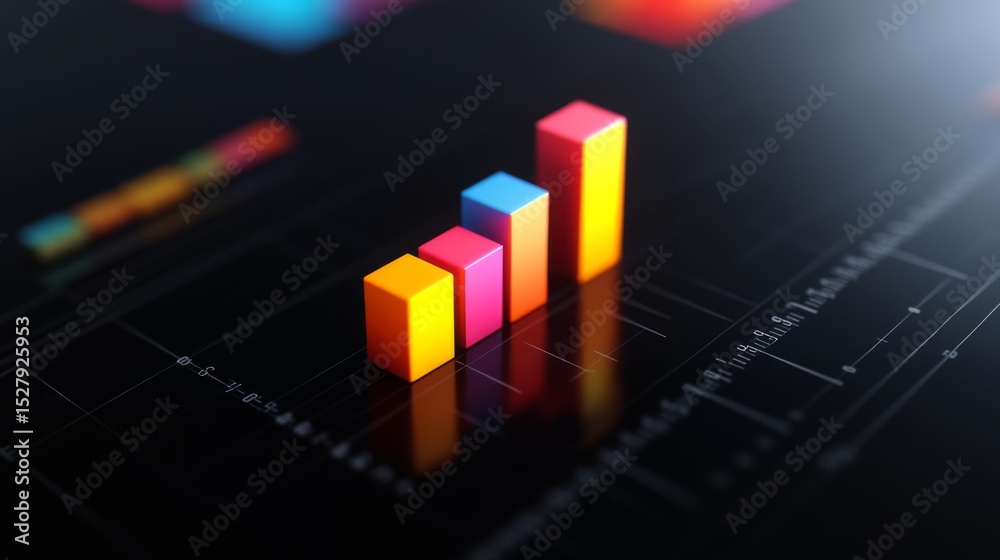 Poster Multi-colored D bar chart displaying data trends over time, placed on a sleek black background, emphasizing the vibrancy and importance of the information.