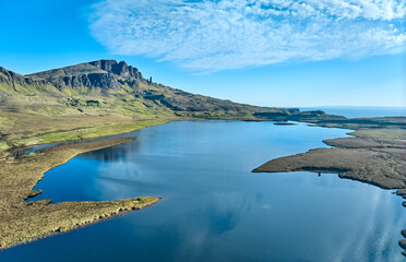 aerial view of the rocky landscape at the Old man of Storr on the Isla of Sky, Scotland, UK