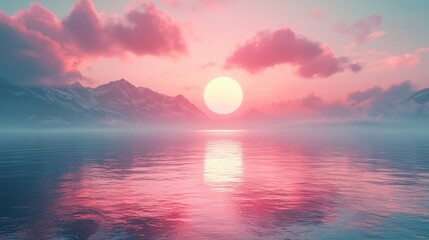 Pink sunset over snowy mountains