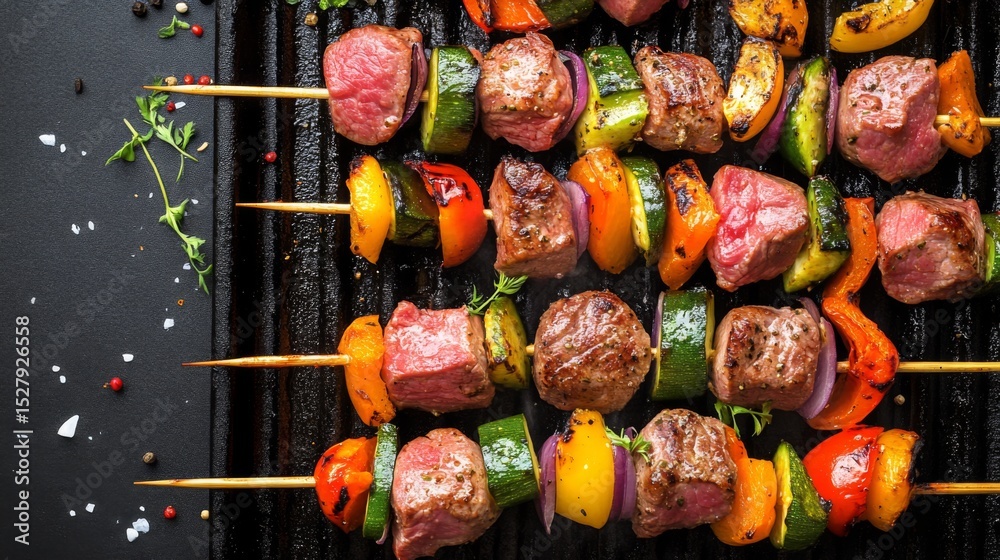 Poster raw meat skewers with colorful vegetables, neatly arranged on a grill pan