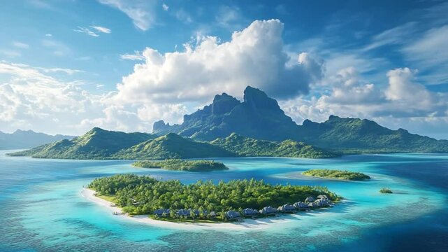 Bora Bora Serenity: Aerial View of Luxurious Island Resort with Mountain Backdrop