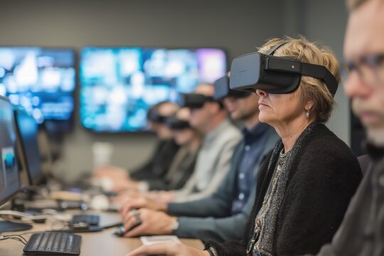 A group of people wearing virtual reality headsets work focused in a tech-driven office environment with multiple screens in the background.