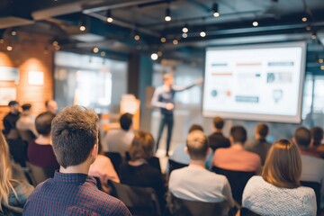Fototapeta premium A group of people attentively listens to a presenter speaking in front of a large screen in a modern conference room.