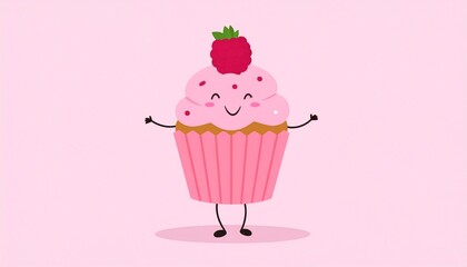 Happy Dancing Raspberry Muffin Character Dancing on a Pink Background 