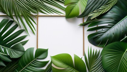 lush tropical leaves frame elegant white background