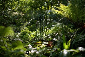 Fototapeta premium Reflective glass towers nestled amid dense ferns, creating a modern garden art sculpture in a sun-dappled forest setting.