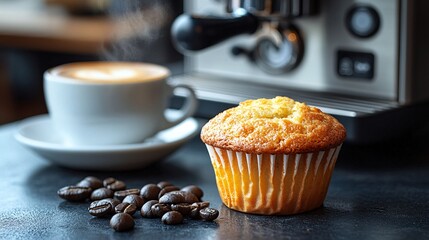 Golden Muffin With Steaming Coffee Drink And Coffee Beans On Dark Surface and Texture. Breakfast Item. A Delicious Pastry. Warm Drink. Cozy Morning Routine. Food Photography. High Quality Image