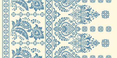 floral pattern vintage ethnic modern embroidery texture boho design vector illustration hand drawn pink flower motif branches leaves wallpaper seamless background border.