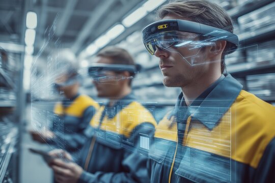 Workers wearing smart augmented reality glasses analyze digital blueprints in a high-tech industrial or manufacturing facility. - Powered by Adobe