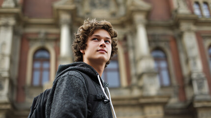 Young student with backpack against university building, focused and determined, embodying academic aspirations and future potential.