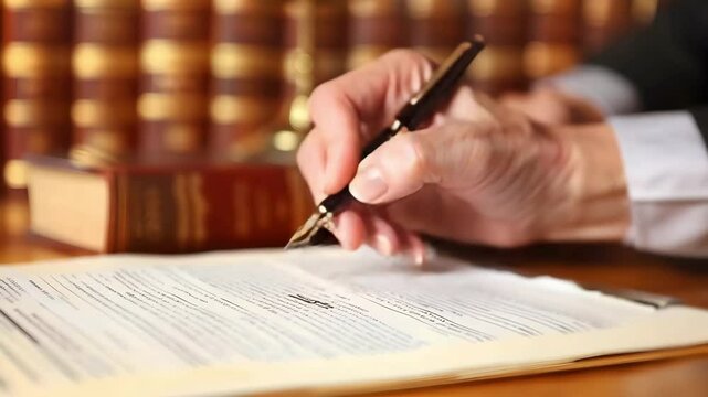 Signing legal document with fountain pen wooden desk, hand holding pen, surrounded by law book, conveying professionalism and trust legal signing