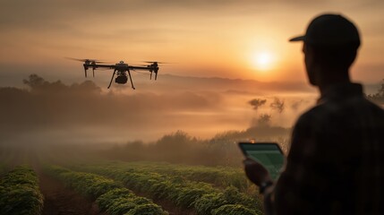Fototapeta premium A person controls a drone flying over a foggy agricultural field at sunrise, showcasing modern farming technology.