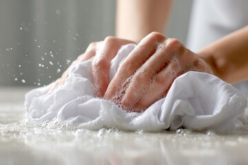 Fototapeta premium Closeup of woman's hands washing white fabric in soapy water with splashes, emphasizing laundering and stain removal