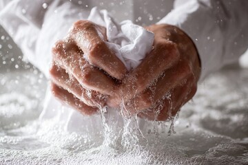 Squeezing white cloth in soapy water creating abundant bubbles with a person in a white shirt, emphasizing cleanliness