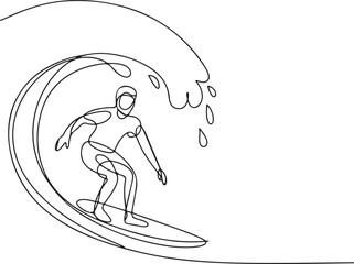 Continuous one line drawing of surfer riding a curling wave performing carving turn in minimalist style

