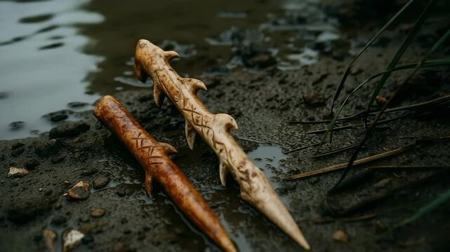 Decorated bone harpoons with intricate carved patterns resting on wet ground. Ancient fishing implements showcasing prehistoric bone carving and fishing technology near water.