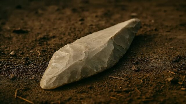 
Long knapped flint knife blade resting on earth surface. Prehistoric cutting tool showcasing advanced flint knapping techniques and stone age blade technology.