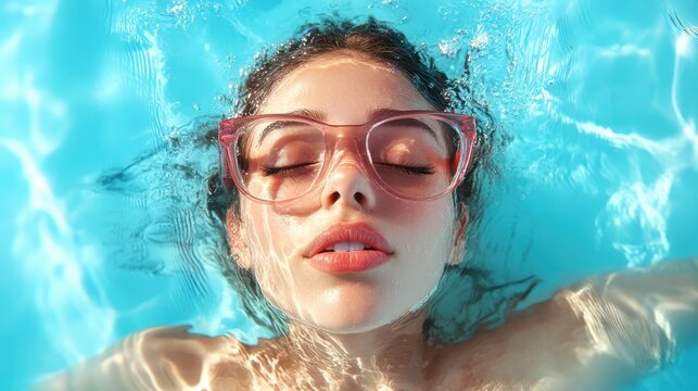 A serene underwater shot of a woman with glasses, embodying relaxation and tranquility as her face gently surfaces in the blue pool, capturing peace and beauty.