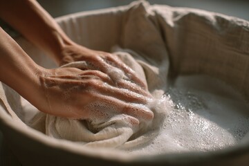 Female hands gently washing fabric in soapy water inside a basin, focusing on stain removal and delicate care of clothes.