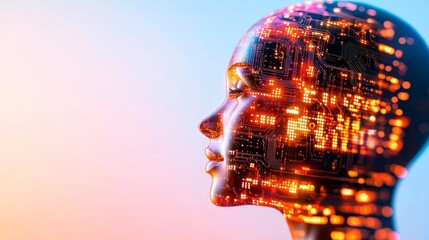AI Female Portrait: A captivating profile portrait of a female AI, her form composed of glowing circuit boards, hints at the intersection of technology and human-like intelligence.