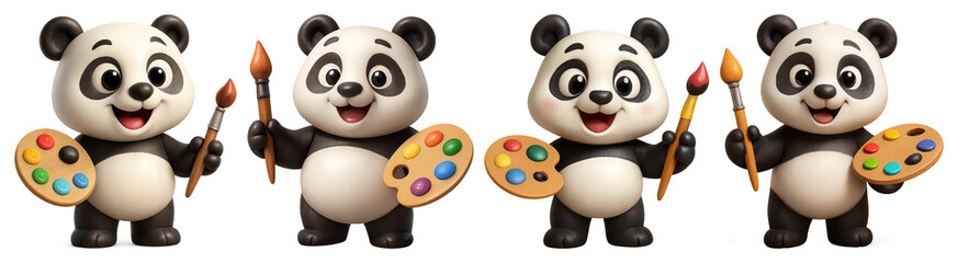 Naklejka premium PNG Cute pandas holding paintbrushes and palettes, ready to paint element set on transparent background.