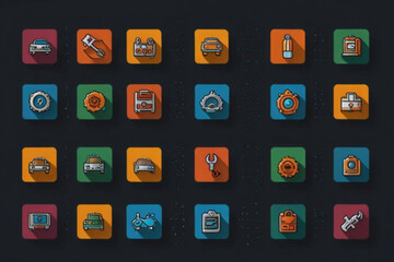 Collection of car and auto repair themed icons with long shadows on a dark speckled background display created with generated ai