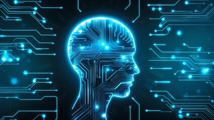 AI Face Silhouette with Digital Circuit Background in Blue Tones