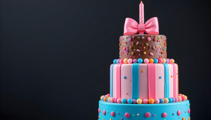 Festive three tier birthday cake with pink bow and candle