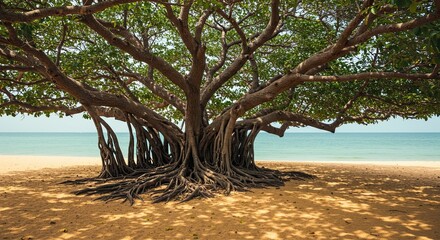 Majestic Banyan Tree on a Sandy Beach with Aerial Roots and Ocean in the Background