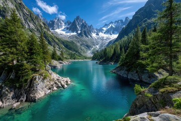 Naklejka premium Majestic mountain landscape featuring tranquil turquoise lake and snowy peaks