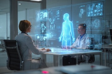 Medical professionals collaborate using advanced hologram technology for human anatomy analysis in modern office setting