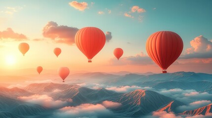 Obraz premium Colorful hot air balloons float above stunning mountain peaks at sunrise, creating a dreamy and serene atmosphere.