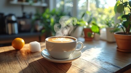 Warm Morning Coffee Steaming in White Cup on Wooden Table with Sunlight and Plants and Flowers in Morning Sunlight. Cozy Morning Coffee Routine in a Simple Kitchen Setting. A Relaxing and Peaceful
