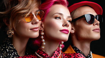 Stylish Trio: A fashionable portrait of three individuals, each showcasing unique flair and confidence, wearing eye-catching sunglasses and accessories. Embracing diversity and style.
