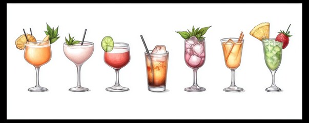 Hand-Drawn Vector Illustration of Various Cocktails and Alcoholic Beverages Perfect for Creative Projects or Menu Designs