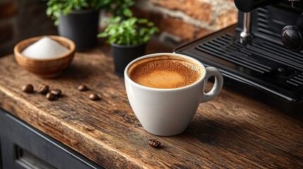White Cup Of Cappuccino On Wooden Table With Coffee Beans And Espresso Machine With Plants Nearby And Sugar Nearby.  Aromatic Morning Coffee Drink.   Tasty Beverage With Creamy Foam.  Warm And Cozy