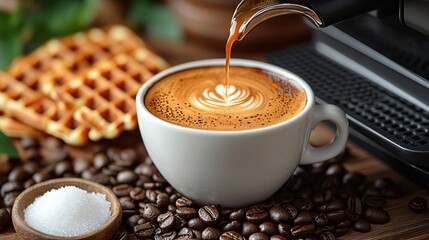 White Cup Of Latte Art Coffee On Roasted Beans With Waffles of Breakfast Tableware