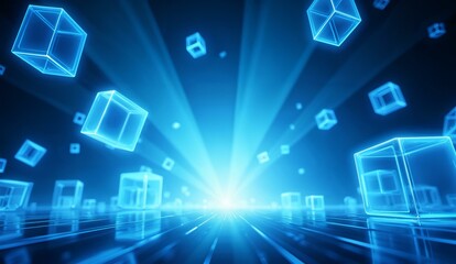 Fototapeta premium Radiant Blue Cubes Floating in a Futuristic Space