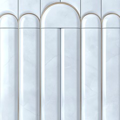 Light gray tile wall with arched accents.  Vertical panels with gold trim