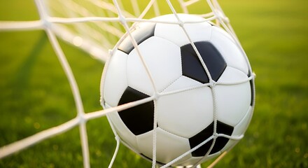 A close-up of a black and white soccer ball resting in a goal net, with lush green grass in the background.