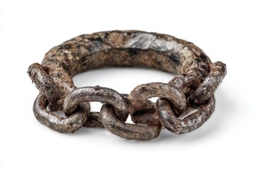 Aged and weathered metal chain curved in ring on white background, showcasing texture, oxidation, and corrosion