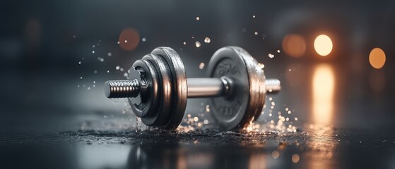 a wet dumbbell with water splashes, conveying intense workout, strength training, and an active lifestyle. This image embodies fitness, power, and determination.