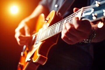 Obraz premium Melodic Strings: A musician passionately strums a vintage guitar, creating a symphony of sound as the spotlight illuminates the instrument's curves and the player's focus.