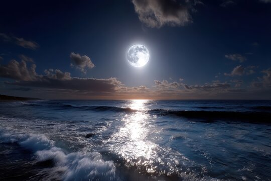 Moonlight glistens on ocean waves during a calm night by the shoreline