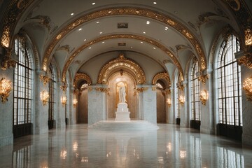 Obraz premium Opulent Hallway with Marble Floor, Golden Ornaments, Bright Windows, and White Statue on a Platform in the Center