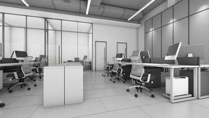 Office space, office area of ​​employees sitting in a loft style, white and gray tones, straight view, 3D rendering