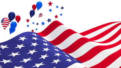 Flag waving in the wind with USA flag balloon and floating stars on white background. Celebration of US Independence Day, US National Day, 3D rendering.