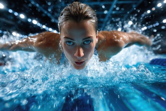 Competitive swimmer performing a butterfly stroke in an indoor pool during a tournament