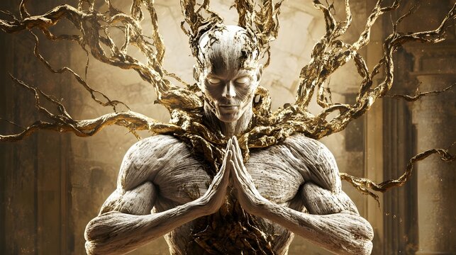 Humanoid tree figure in meditation, with bark texture and branching roots. Concept :Nature fusion, meditation, mythological being, human-tree hybrid, spiritual transformation