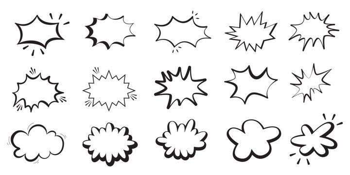 Hand Drawn Comic Speech Bubble Collection – Doodle Style Explosion and Cloud Shapes for Pop Art Design